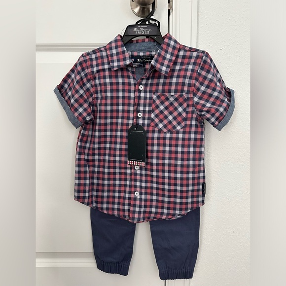 Ben Sherman 2 pc set Kids Checkered Shirt - Red and Navy with pants - Picture 1 of 2